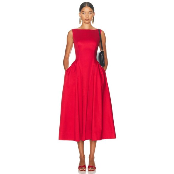Helsa Stretch Cotton Sateen Midi Dress in Red Small New Womens Aline Fit n Flare - Picture 16 of 16